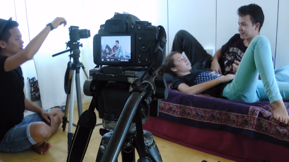 Students film-making. From left Londen, Gaia and Tenzin