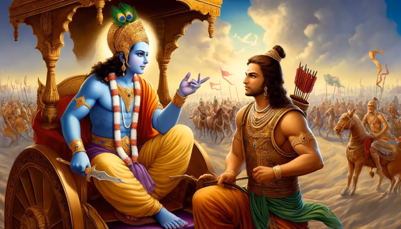 On the battlefield of Kurukshetra: Krishna explains the causes of conflict to Arjuna
