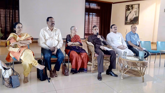 From left: Dr. Nirima Oza, Prof. Sachindananda Mohanty , Dr. Prema Nandakumar, Chairman Dr. Karan Singh, Dr. Anirban Ganguly and Auroville Foundation Secretary Mr