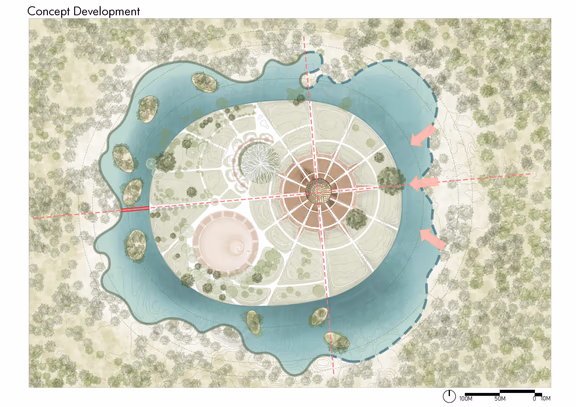 Proposal by Mohan Rao, based on The Mother’s description of the Matrimandir lake, with maximum four meters depth and natural seasonal variations