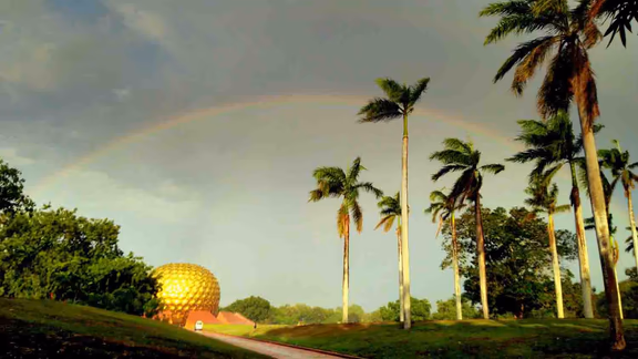 A spectacular rainbow coloured the sky above the Matrimandir on August 14th, on the evening before Sri Aurobindo's birthday which is also the Independence day of India