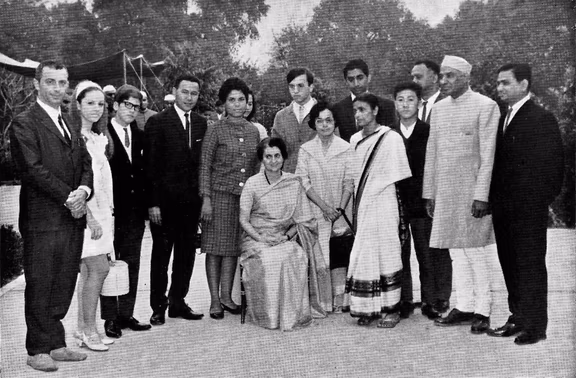 Prime Minister Smt. Indira Gandhi with foreign delegates for the Foundation of Auroville, Goncal is third from left