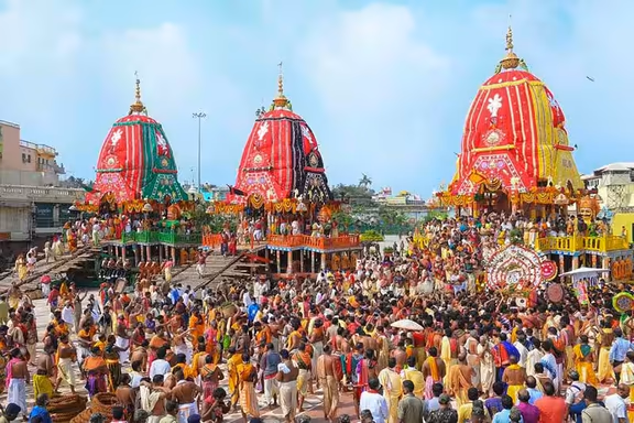 The three colorful chariots that carry the idol of Jagannatha, his sister Subhadra and his brother Balabhadra, at the Ratha Yatra festival, Puri