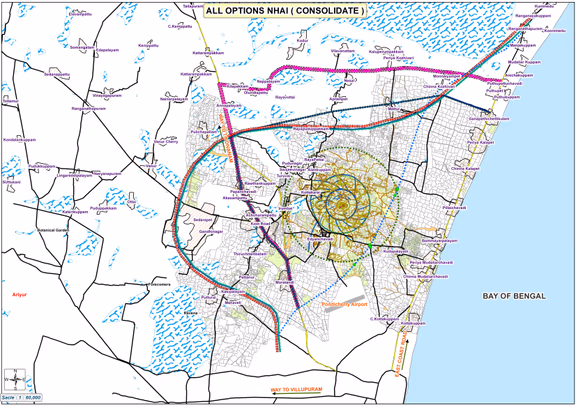 Map showing the new highway through the Auroville Greenbelt (in blue dots) as originally routed and the four bypasses proposed by Auroville: along National Highway 66, and then reaching the East Coast Road along an existing road (in pink)