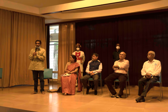 Governing Board members and the Secretary, Auroville Foundation, interacting with Auroville residents on November 2nd. From left: Shri Aravindan Neelakandan, Dr. J. Ravi (secretary), Shri Ravindra Narayana Ravi, Professor Goutam Ghosal, Prof