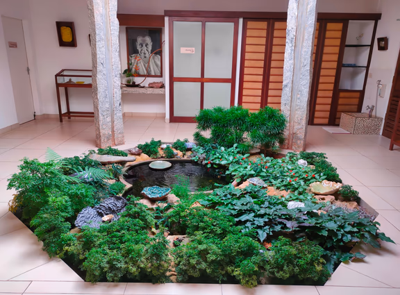 The central pond with ceramic art pieces
