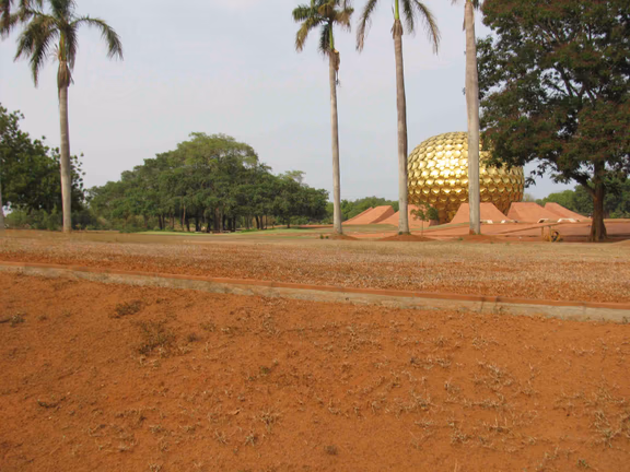 Some of the lawns of the Matrimandir careens are no longer watered