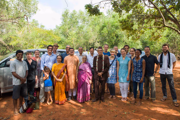 After Bhoomi Puja. From left: Palani K., Dorle, Lisbeth, Moksha, Ribhu, Dr.Nirima Oza, Marc, Angad, Dr.AnirbanGanguly, Dr.PremaNandakumar, Mohan Chunkath, Srinivasmurty Raja Palakodeti, Dr